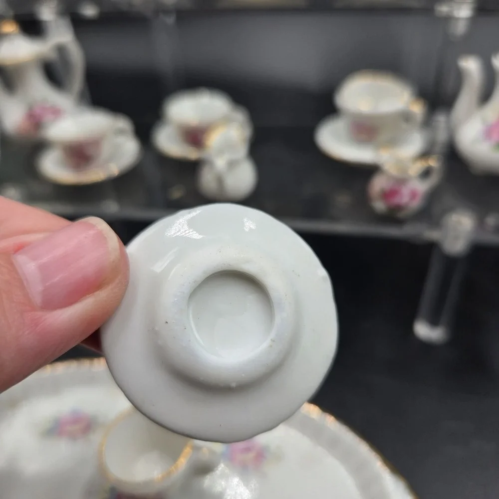 Vtg Miniature Ceramic Tea Set 22pc Pink Floral Rose w Gold Trim EXC Super Tiny